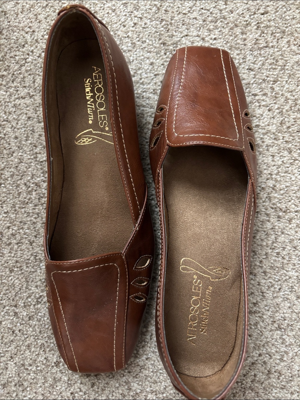 NEW AEROSOLES StitchNTurn Brown Leather Slip-On Loafers with Specialty Cut Outs